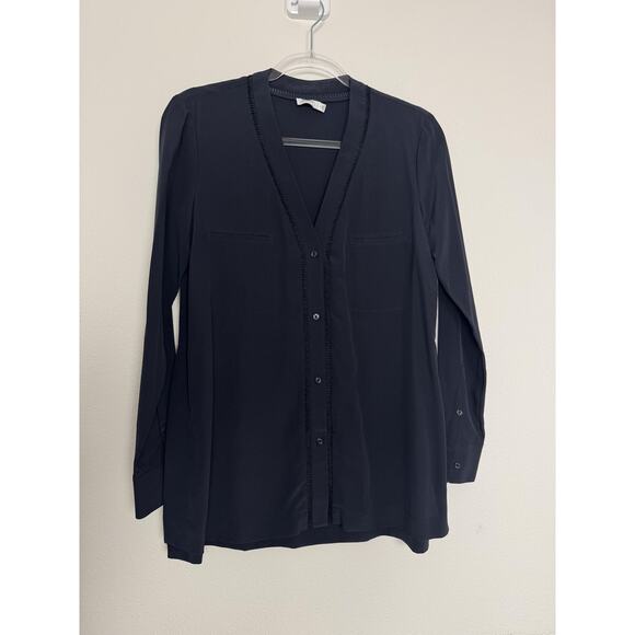 Vince Blouse Womens 4 Navy 100% Silk Long Sleeve Button Front Tunic Top - Picture 1 of 12